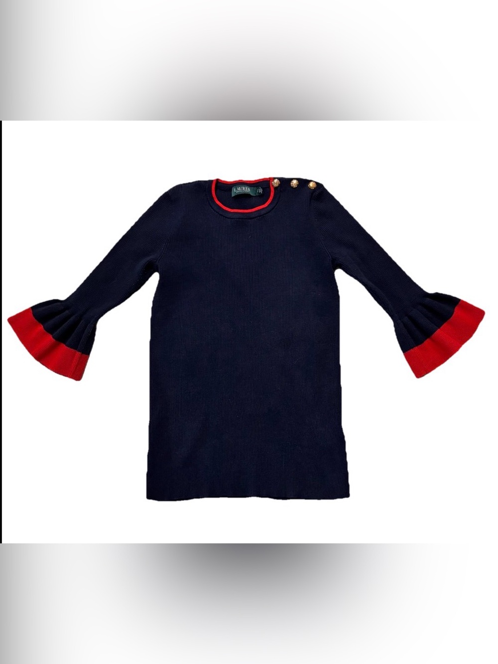 Lauren Ralph Lauren Navy / Red Trim Ruffle Sleeve Sweater Size SP